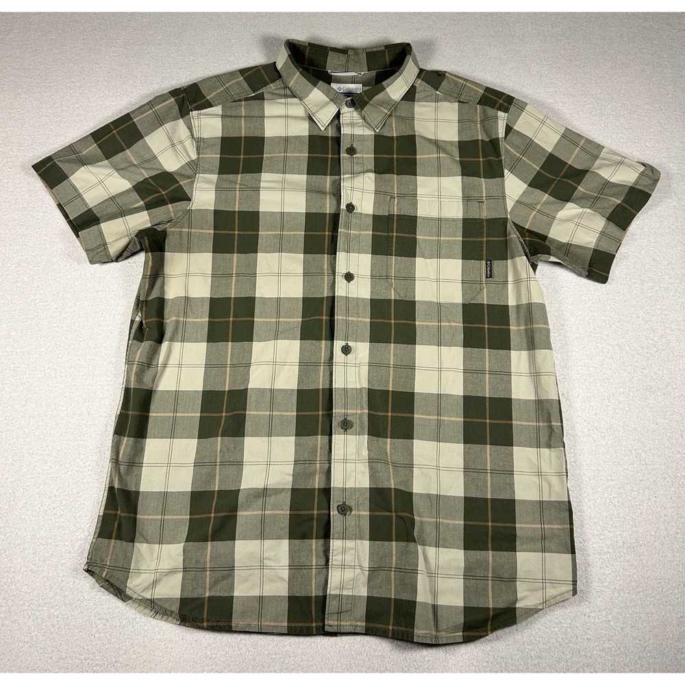 Mens Columbia Sportswear Green Short Sleeve Plaid Button Up Shirt size Large